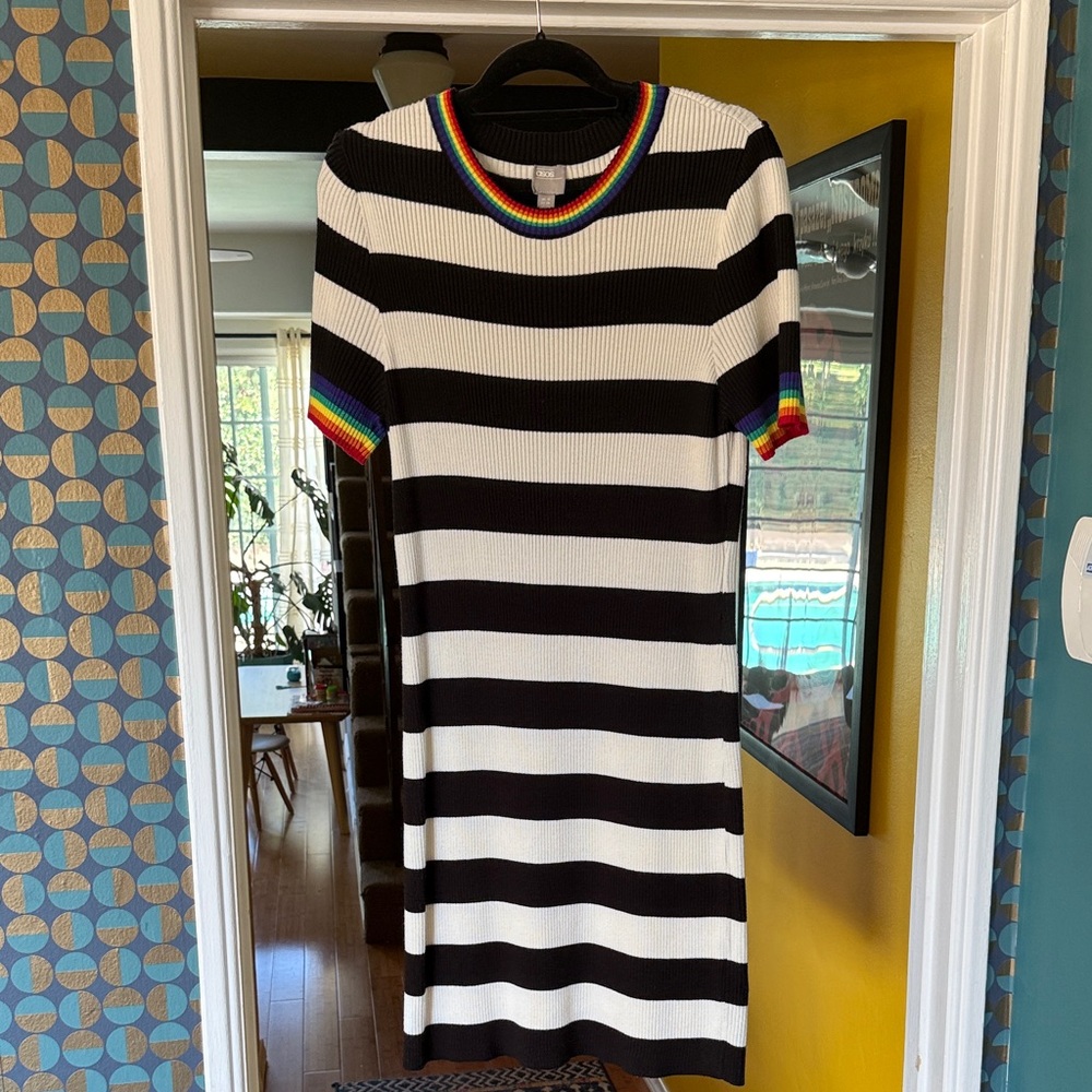 ASOS- Striped Black and White Dress with Rainbow Accents - size 14